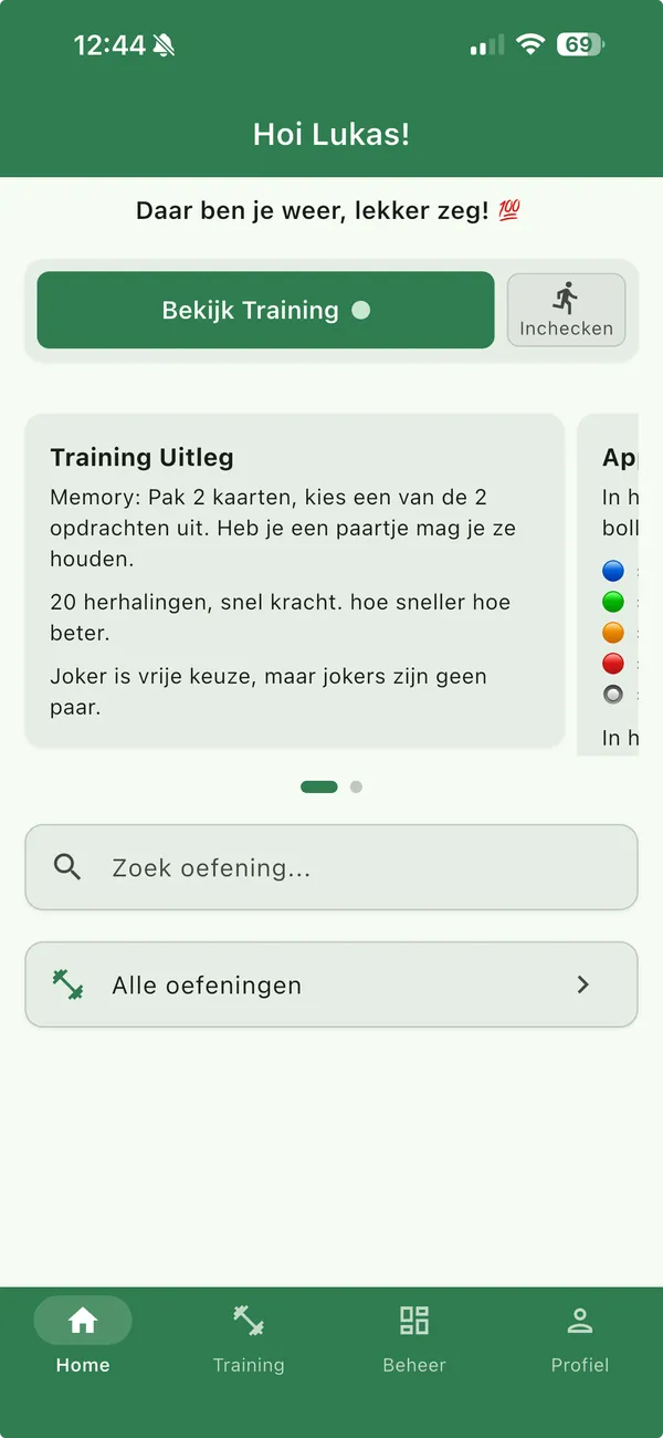 Het beginscherm van de BerkSports-app, met de knop Bekijk Training en de uitleg bij de training van vandaag.