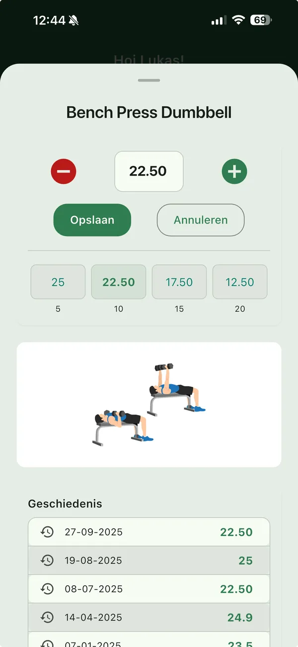 The exercise screen for Bench Press Dumbbell: setting the weight, with the history of earlier sessions below it.