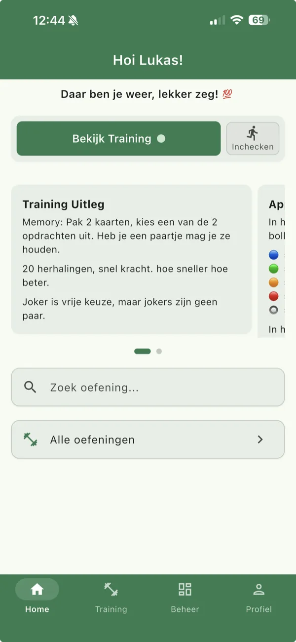 Het beginscherm van de BerkSports-app, met de knop Bekijk Training en de uitleg bij de training van vandaag.