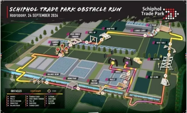 De parcourskaart van de Schiphol Trade Park Obstacle Run, met de route van 5 kilometer en de veertien hindernissen erlangs.